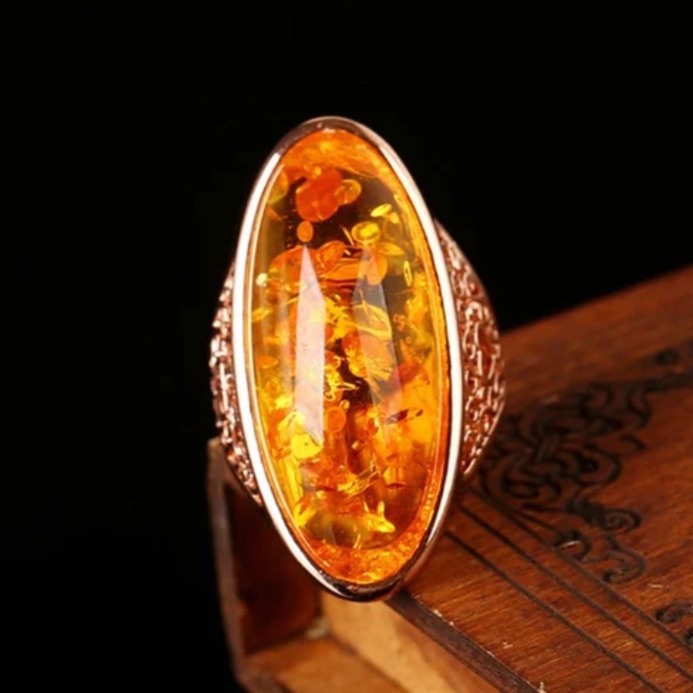 NWT Orange Goldstone Amber Orgonite Filagree Rose Gold Ring Sz 8